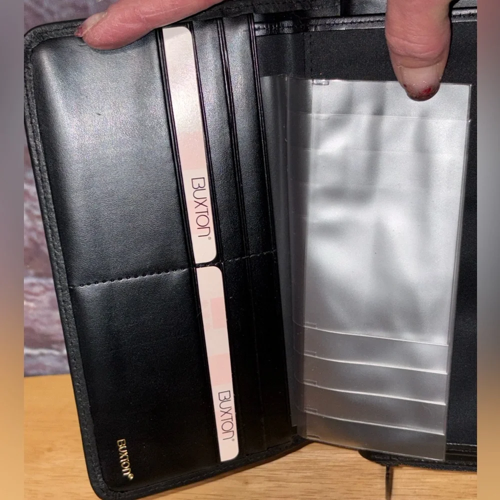 Buxton Tab Ensemble Checkbook Zip Around Wallet Black Genuine Leather Logo